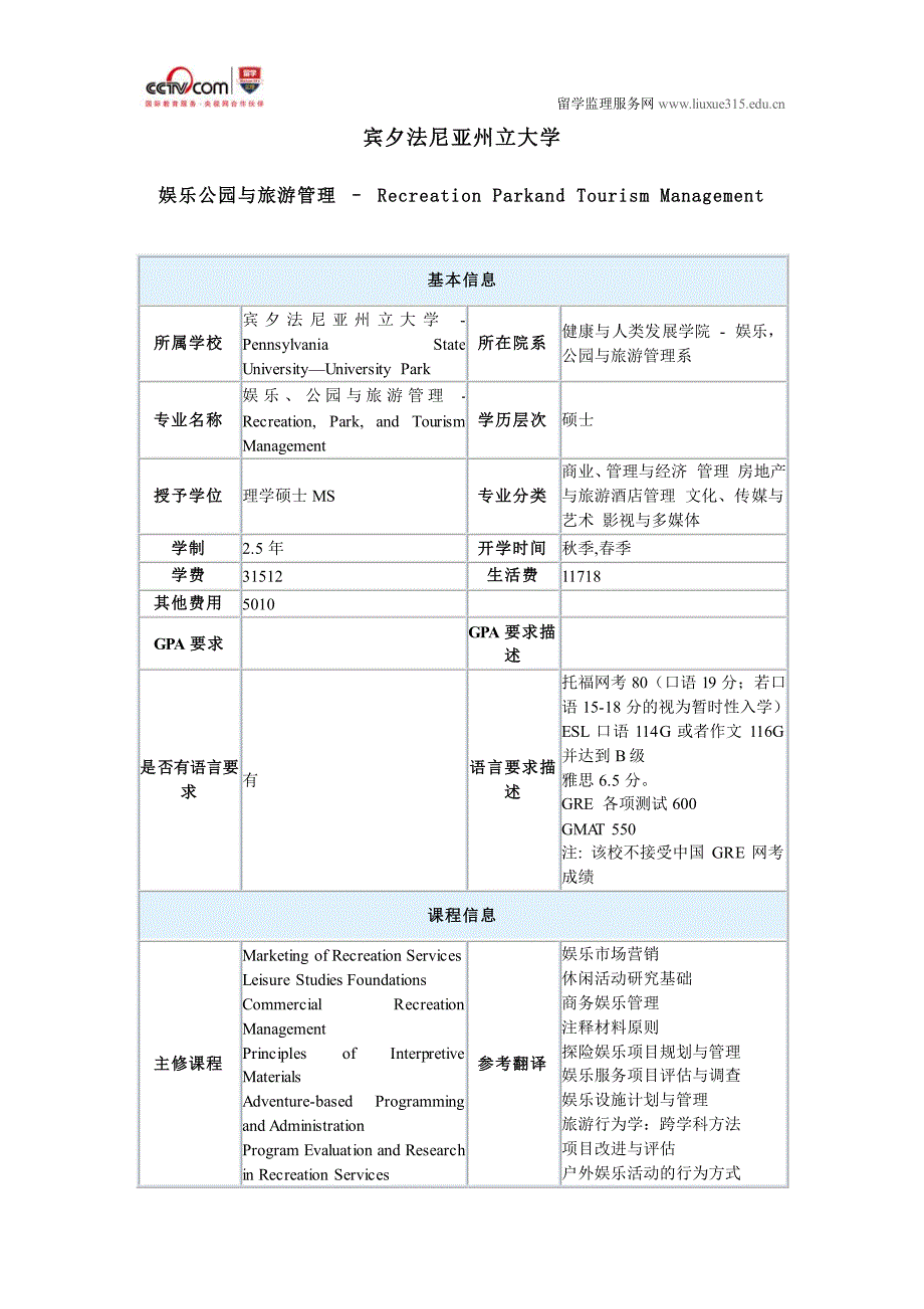 宾夕法尼亚州立大学娱乐公园与旅游管理专业_第1页