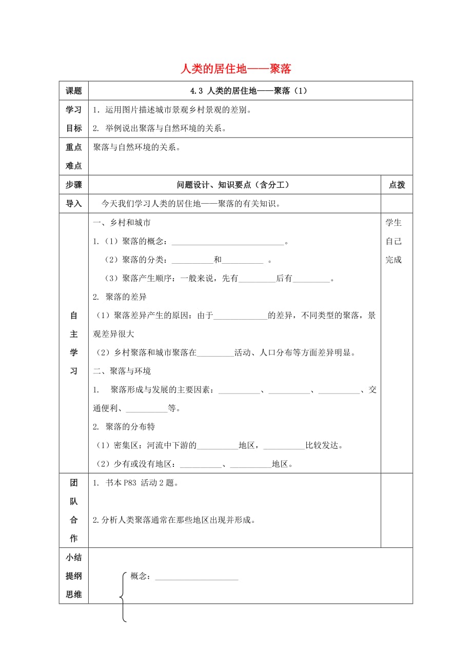 2016-2017学年七年级地理上册 第四章 第三节 人类的聚居地 聚落导学案（无答案）（新版）新人教版_第1页