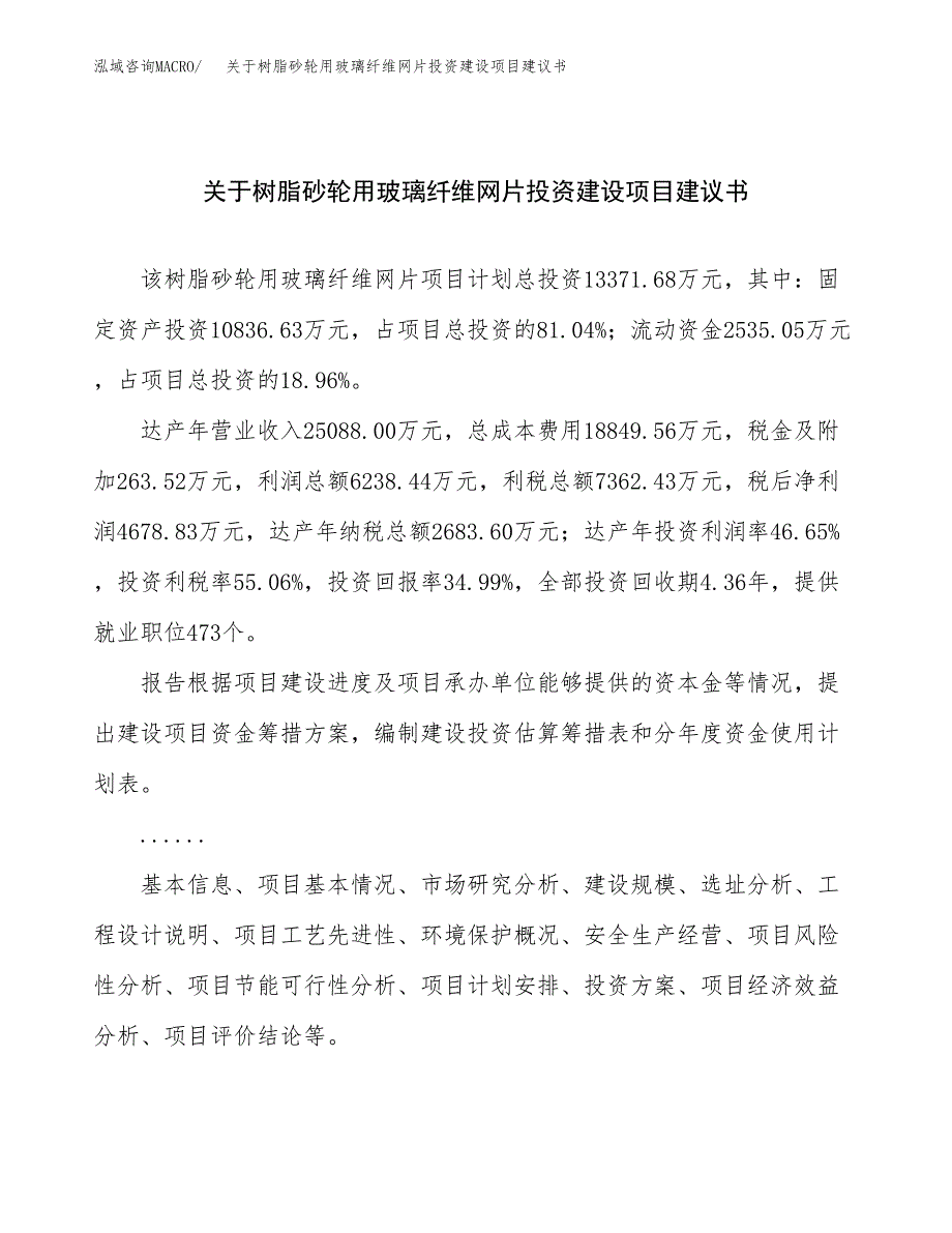 关于树脂砂轮用玻璃纤维网片投资建设项目建议书范文（总投资13000万元）.docx_第1页