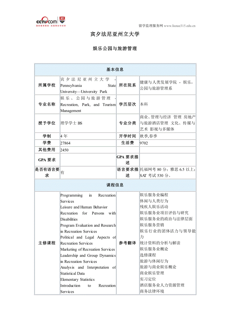 宾夕法尼亚州立大学娱乐公园与旅游管理专业申请_第1页