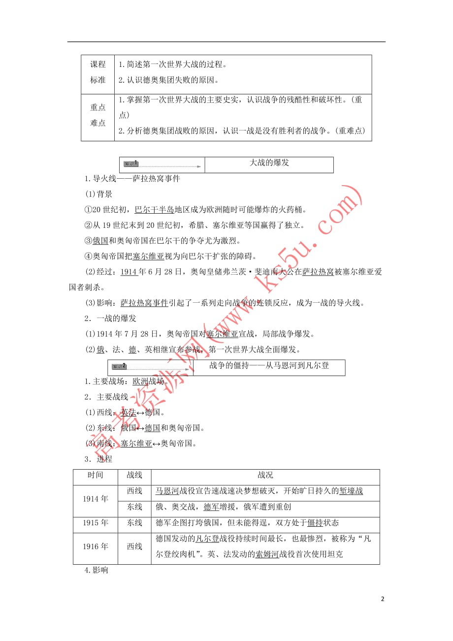 2017-2018学年高中历史 第1单元 第一次世界大战 第2课 惨烈的四年战事教师用书 岳麓版选修3_第2页