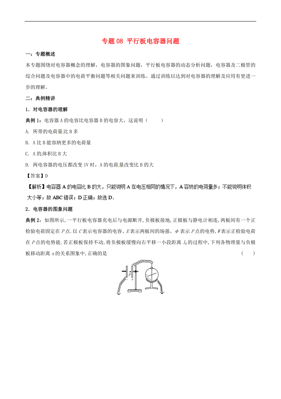 2017-2018学年高一物理 电学专题提升 专题08 平行板电容器问题_第1页