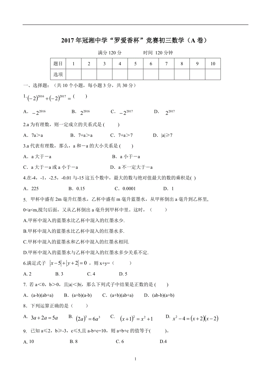 湖南省耒阳市冠湘学校2018学年九年级“罗爱香”竞赛数学试题（A卷）（答案）.doc_第1页