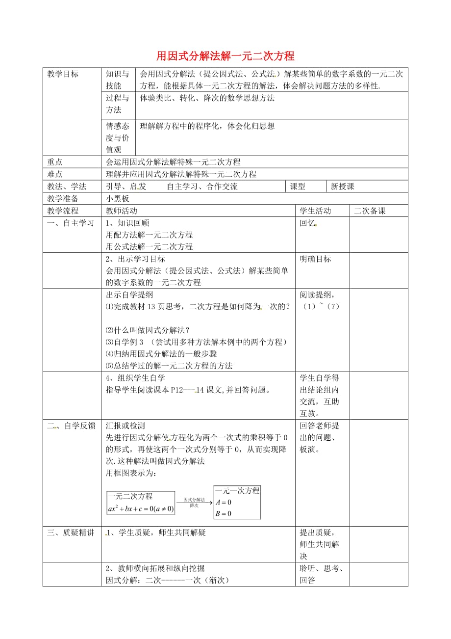 人教初中数学九上21.2 一元二次方程因式分解法教案_第1页