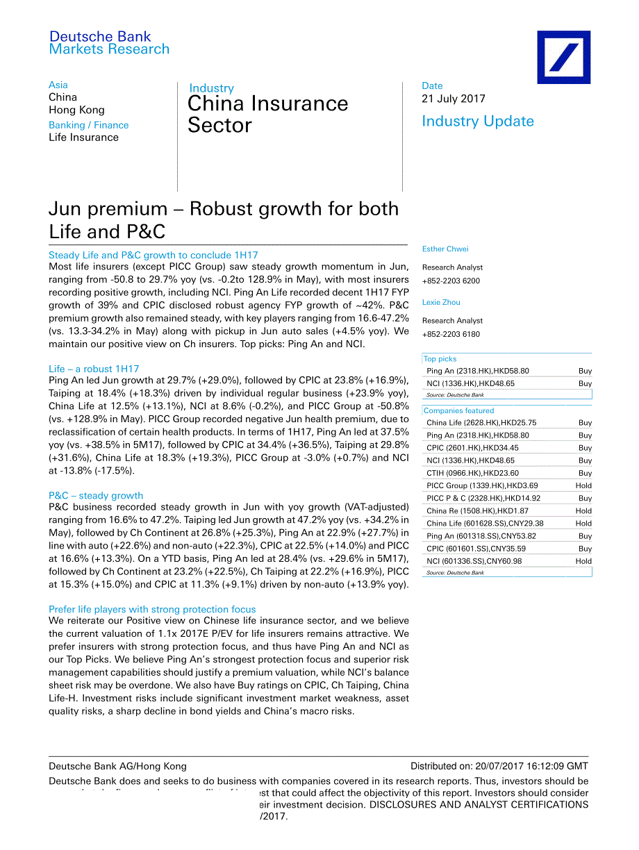 德意志银行-中国保险行业-Jun premium–Robust growth for both Life and P&C-20170721-DeutscheBank-可来kline_第1页