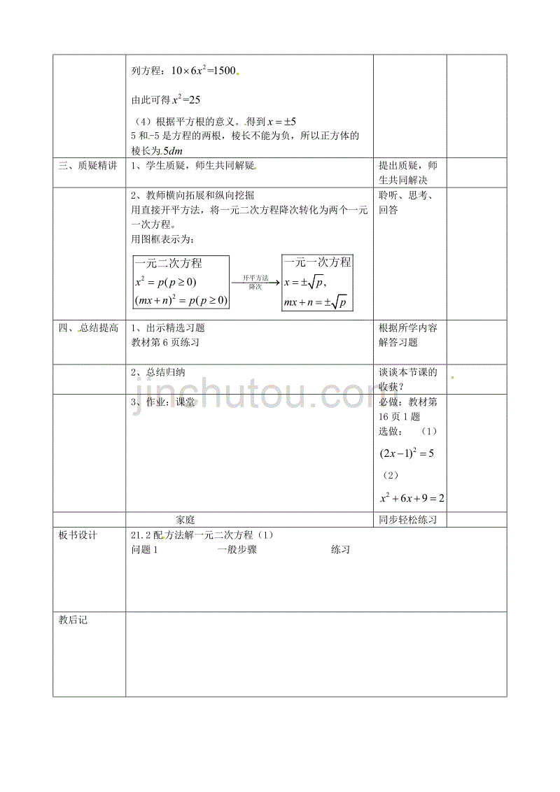 人教初中数学九上21.2 一元二次方程配方法教案1_第2页