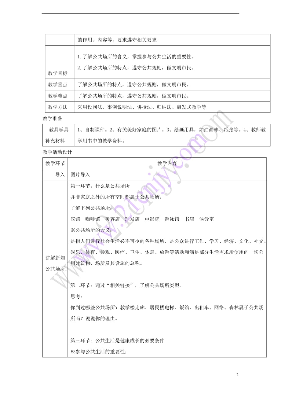 2017秋八年级道德与法治上册 第一单元 成长的空间 第三课 家门之外（穿行在公共场所 不一样的生活空间）教学设计 人民版_第2页