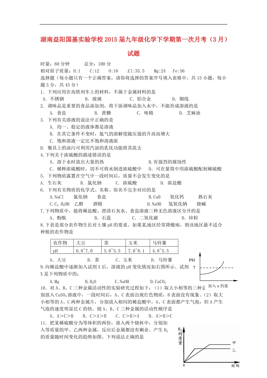 湖南益阳国基实验学校2015届九年级化学下学期第一次月考（3月）试题（无答案）.doc_第1页