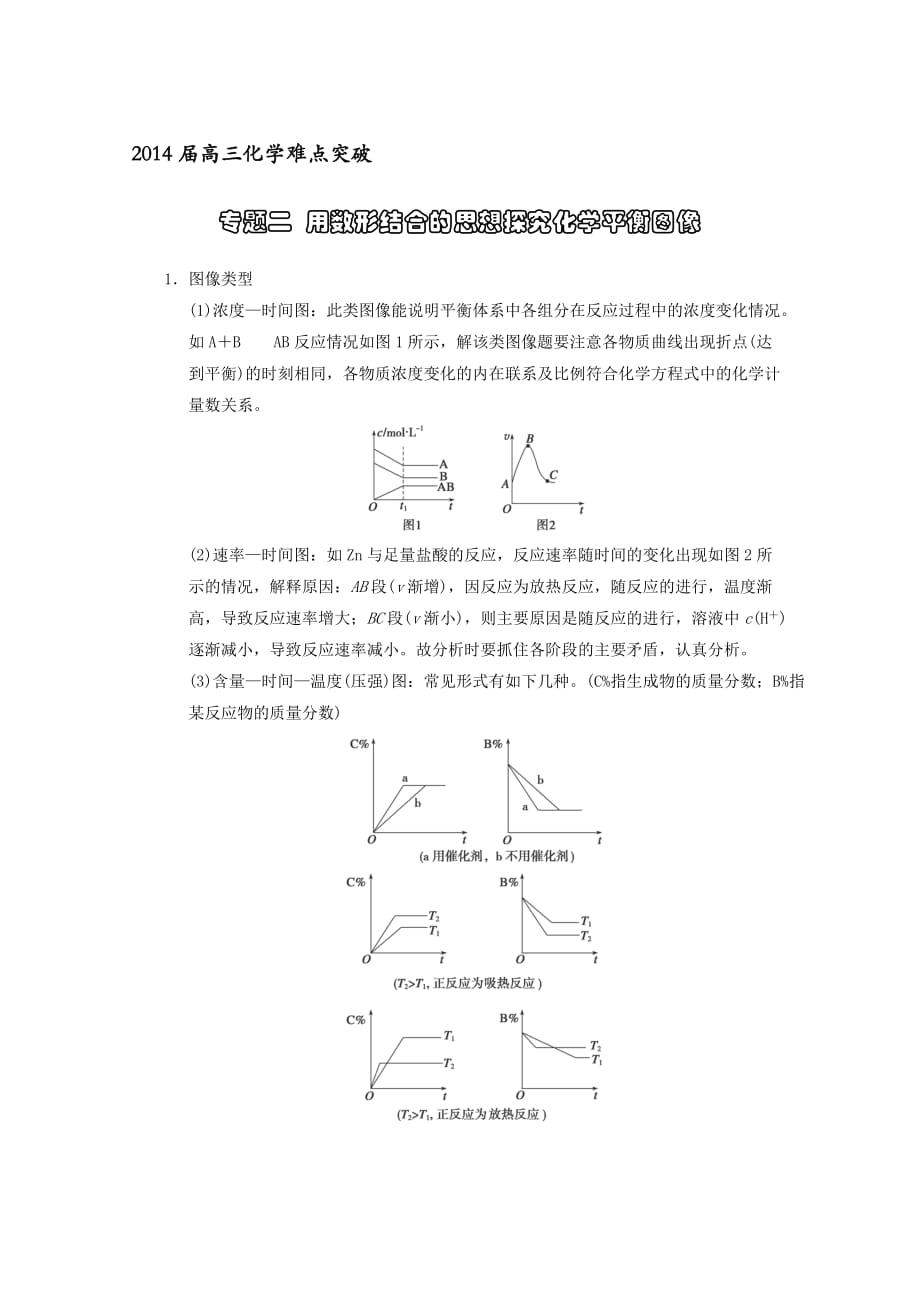 【2014届高三化学难点突破】专题二 用数形结合的思想探究化学平衡图像 新人教版_第1页