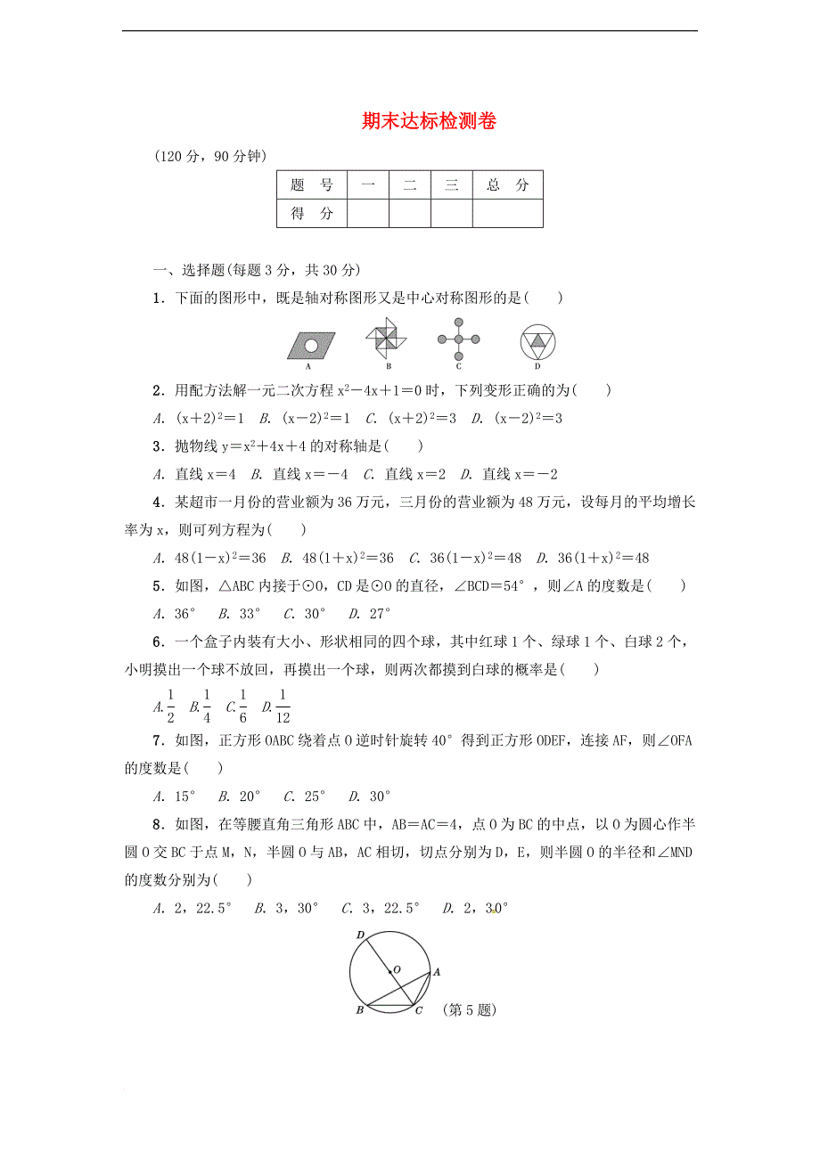 2017九年级数学上册 期末达标测试卷 （新版）新人教版_第1页