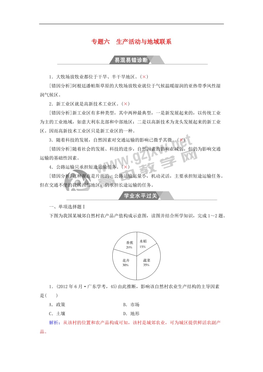 2017-2018年高中地理 专题六 生产活动与地域联系学业水平过关_第1页