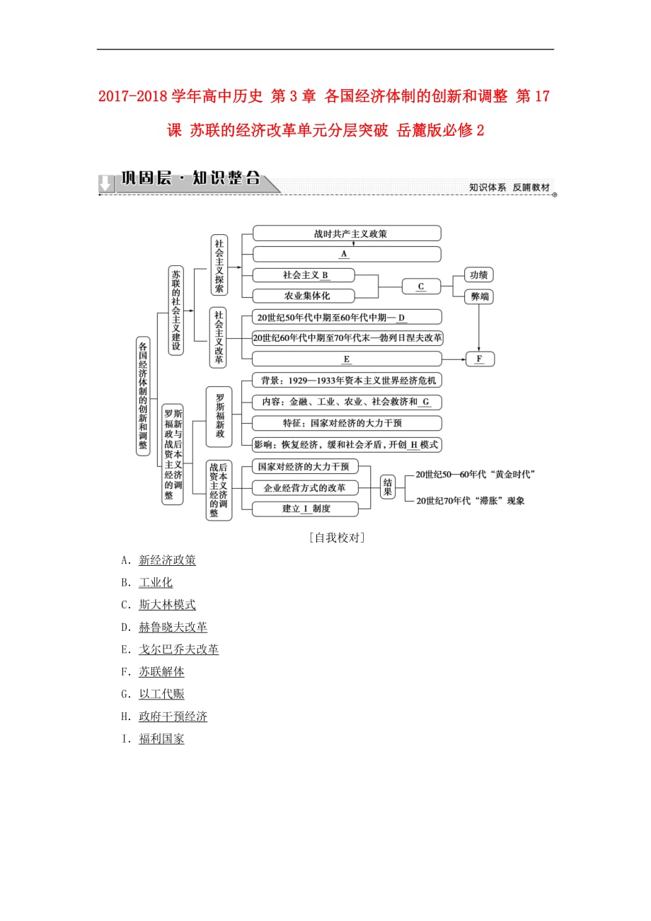 2017－2018学年高中历史 第3章 各国经济体制的创新和调整 第17课 苏联的经济改革单元分层突破 岳麓版必修2_第1页