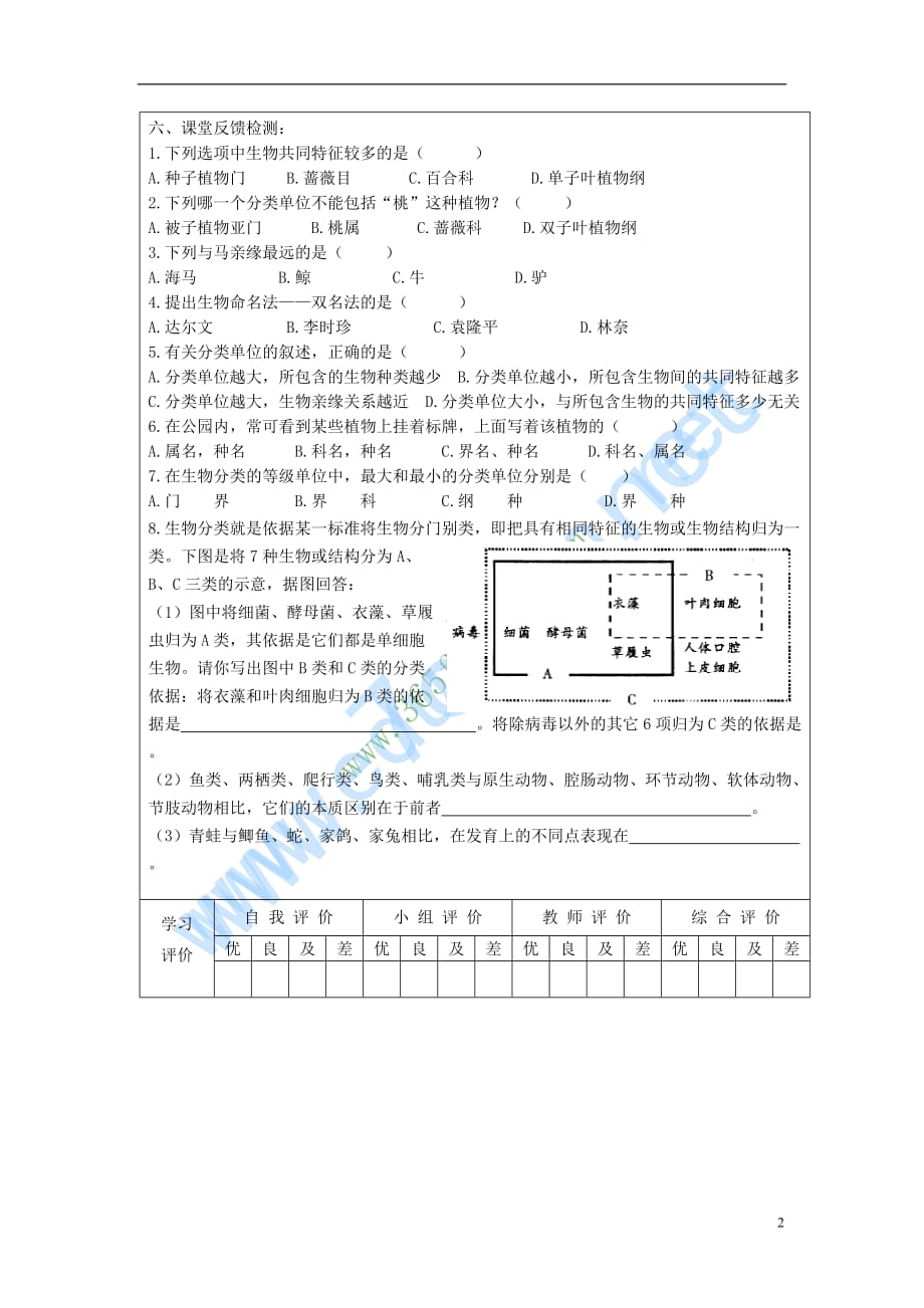 2017秋八年级生物上册 6.1.2《从种到界》导学案（无答案） 新人教版_第2页