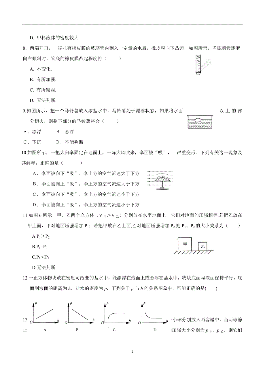 江苏省灌南县六塘中学苏科版八年级物理下册 第十章 压强与浮力 单元测试（附答案）.doc_第2页