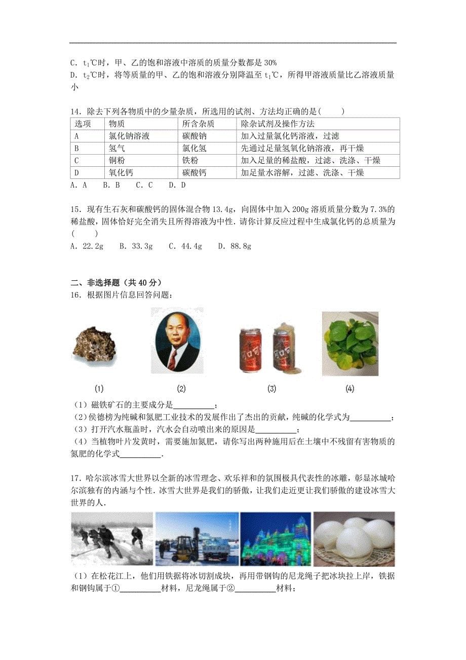 黑龙江省哈尔滨市道外区2016届九年级化学上学期期末模拟试题（含解析） 新人教版.doc_第5页