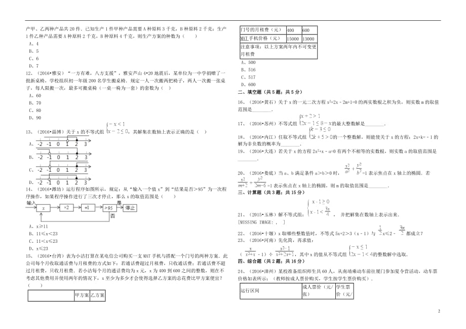 2017年中考数学备考专题复习 一元一次不等式（组）（含解析）_第2页