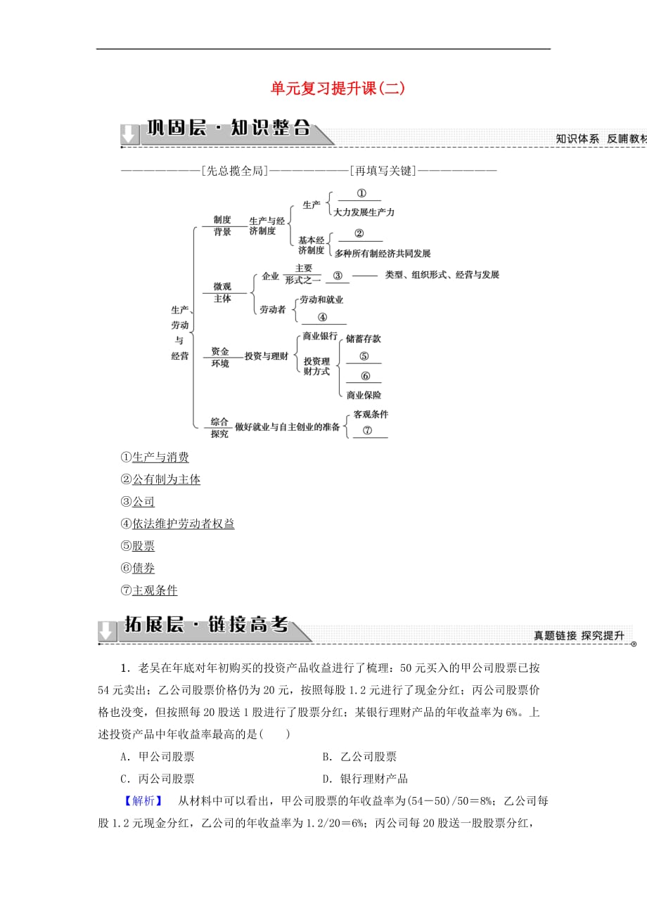 2017－2018学年高中政治 第2单元 生产劳动与经营单元复习提升课教师用书 新人教版必修1_第1页