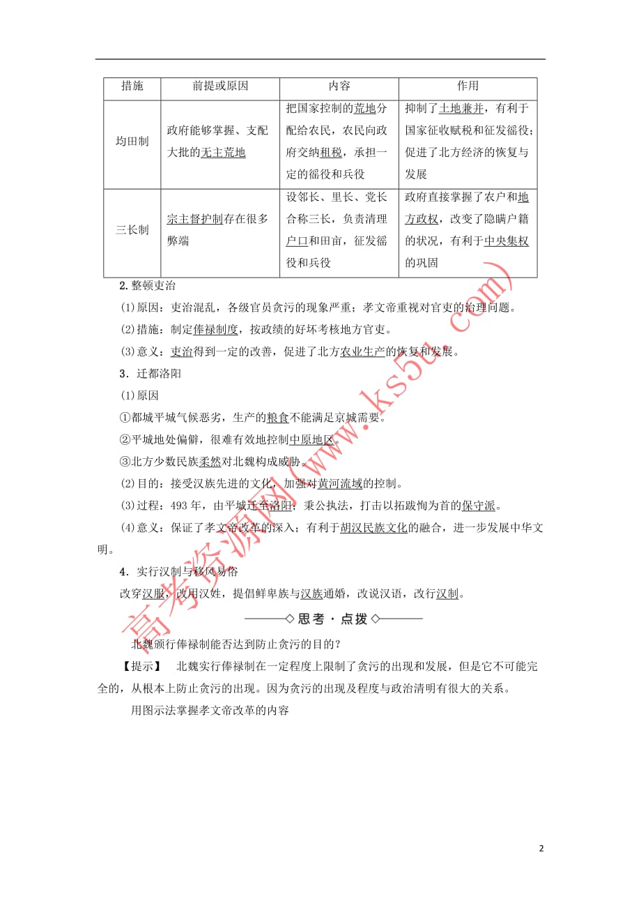 2017－2018学年高中历史 第2单元 古代历史上的改革（下）第5课 北魏孝文帝改革与民族融合学业达标测评 岳麓版选修1_第2页