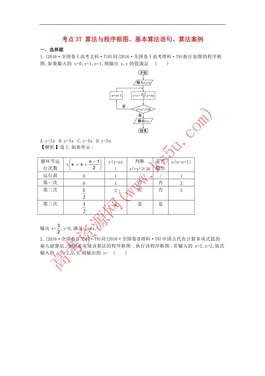 2017－2018学年高中数学 考点37 算法与程序框图、基本算法语句、算法案例（含2016年高考试题）新人教a版_第1页