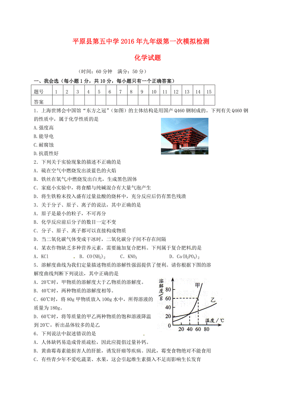 山东省平原县第五中学2016届九年级化学下学期第一次模拟试题.doc_第1页