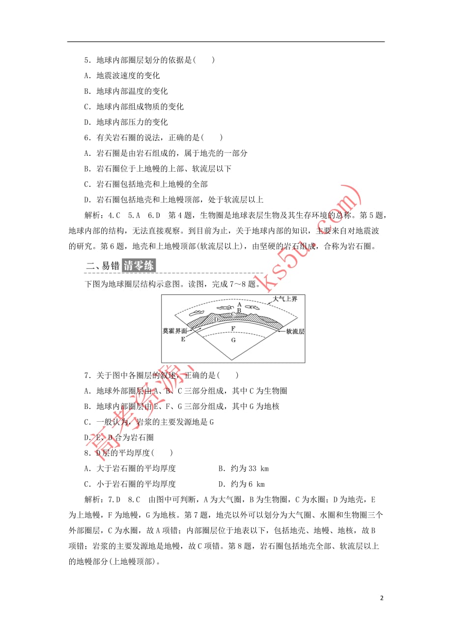 2017－2018学年高中地理 课时跟踪检测（六）地球的圈层结构 新人教版必修1_第2页