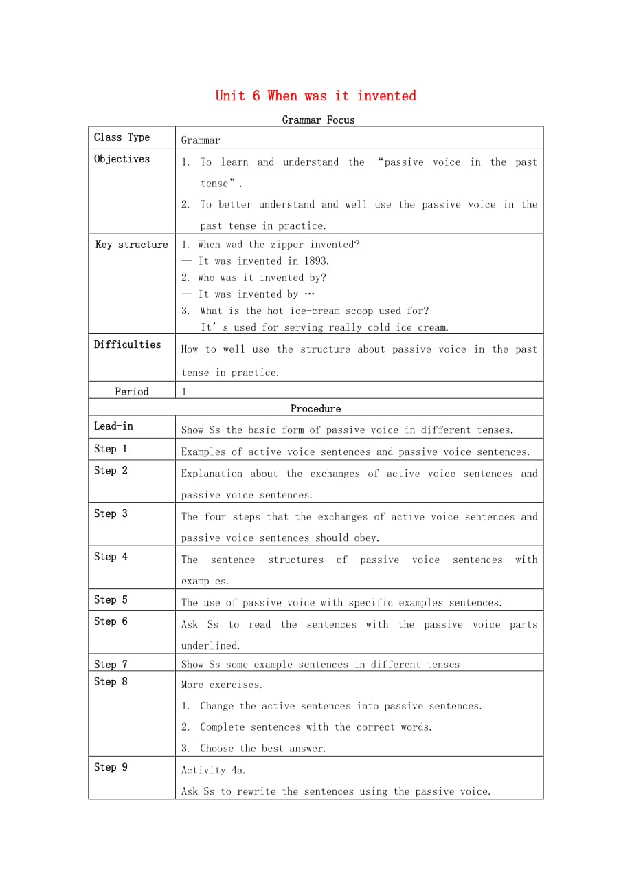 2017九年级英语全册 unit 6 when was it invented grammar focus教案 （新版）人教新目标版_第1页