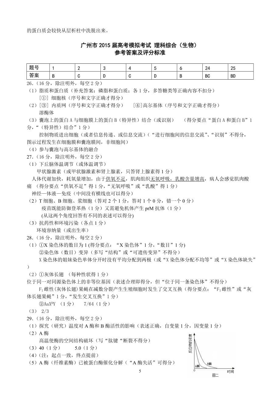 2015年广州市高考模拟考试【调研考试】生物试题及评分标准参考答案_第5页