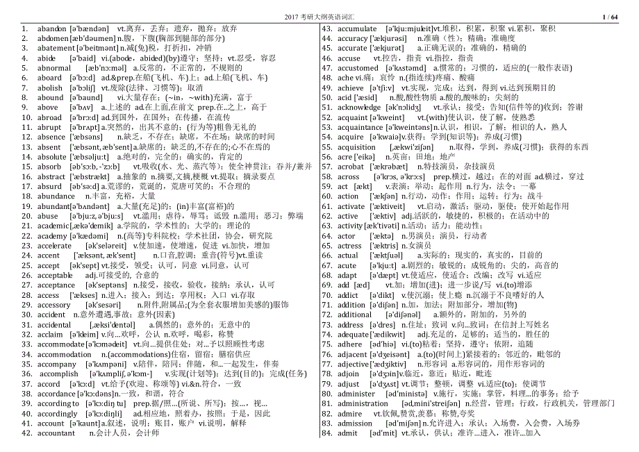 2017年考研英语大纲词汇(带音标)-打印版_第1页