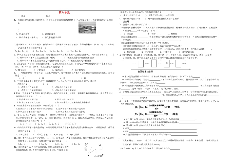 甘肃省庆阳市乐蟠初中2015-2016学年九年级化学下册 第八单元 金属和金属材料综合检测试题（无答案） 新人教版.doc_第1页