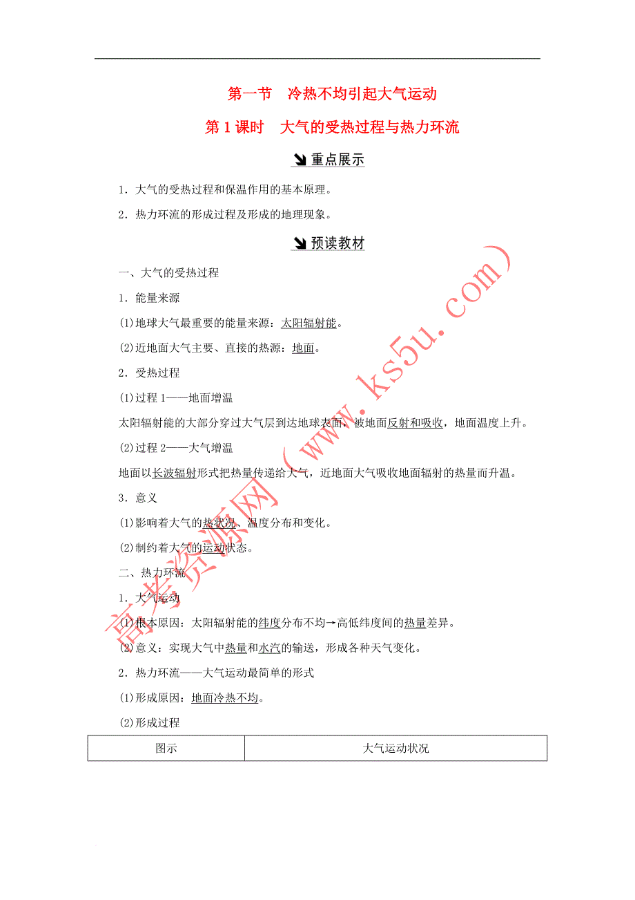 2017－2018学年高中地理 第二章 地球上的大气 第一节 冷热不均引起大气运动教学案 新人教版必修1_第1页