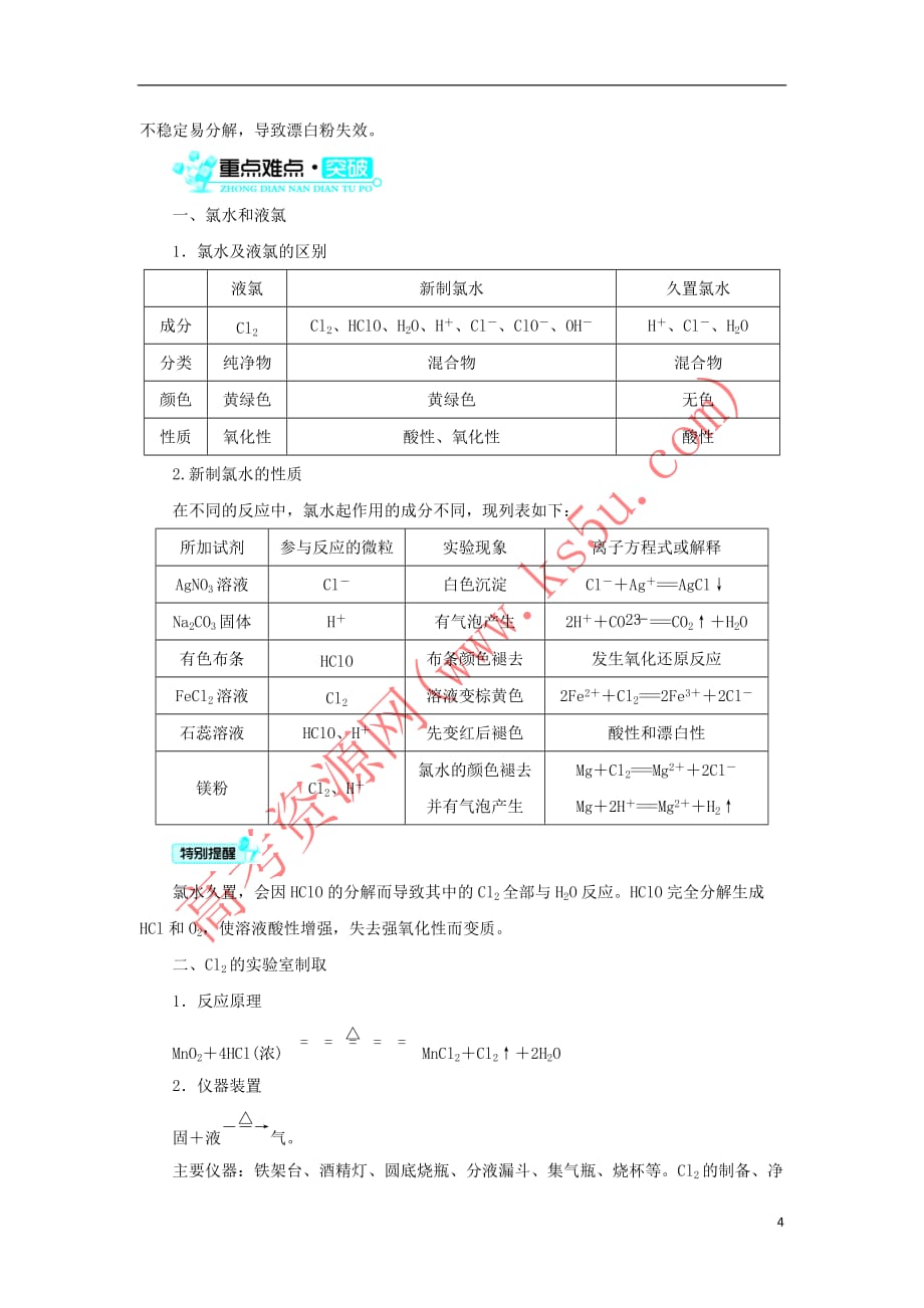 2017－2018学年高中化学 富集在海水中的元素——氯（第1课时）学案 新人教版必修1_第4页