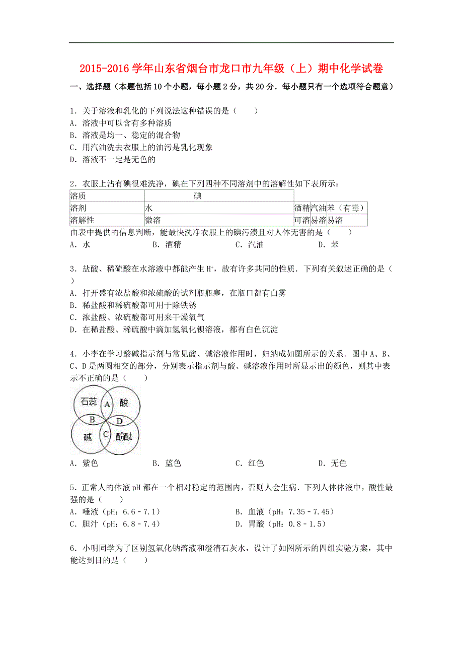 山东省烟台市龙口市2015-2016学年九年级化学上学期期中试题（含解析） 鲁教版五四制.doc_第1页