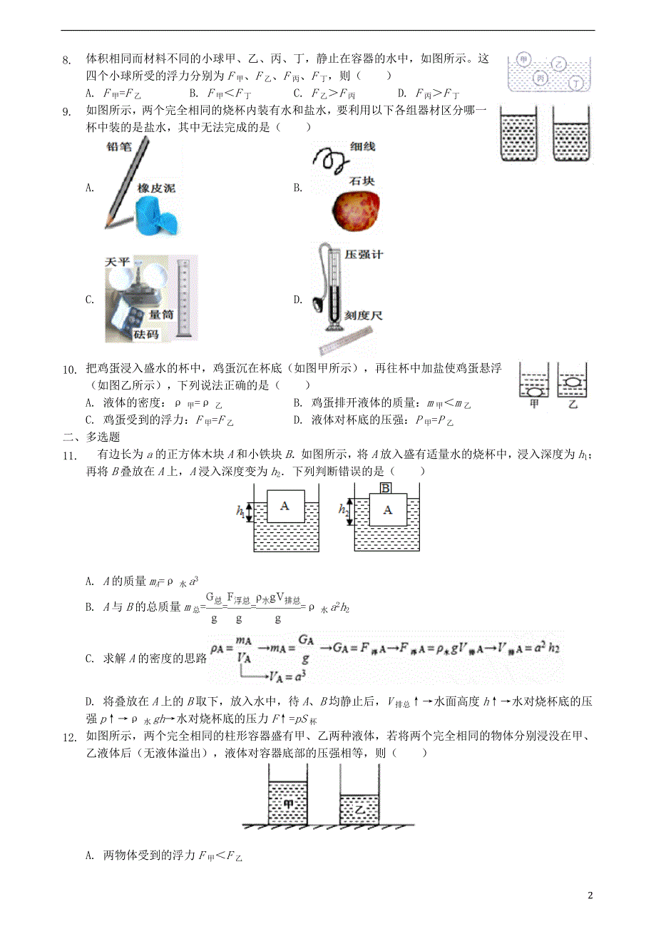 2017－2018年八年级物理下册 第十章 浮力单元测验试卷 （新版）新人教版_第2页