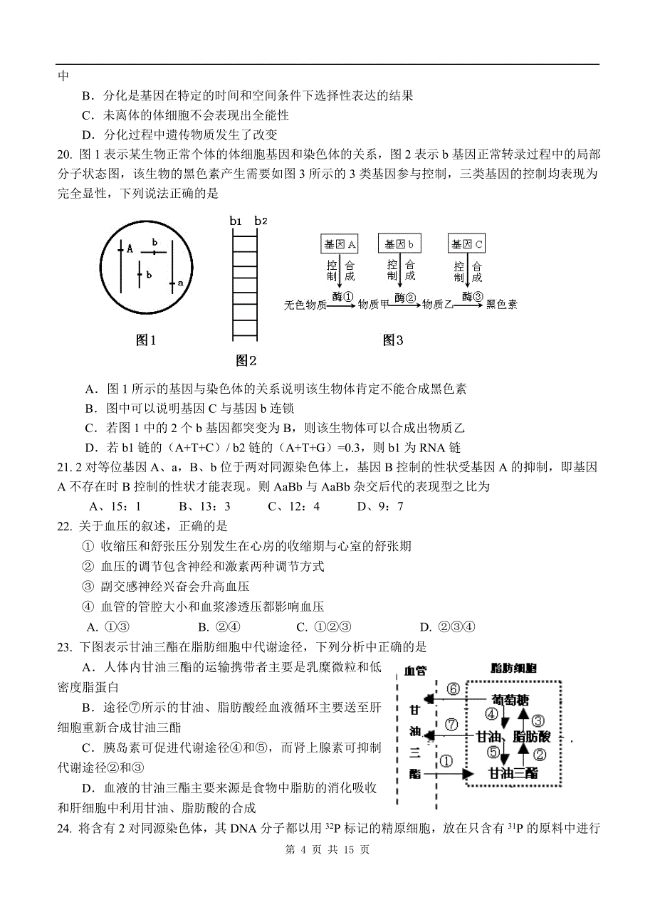 2015年1月年上海市杨浦区高三生命科学一模试卷及参考答案_第4页