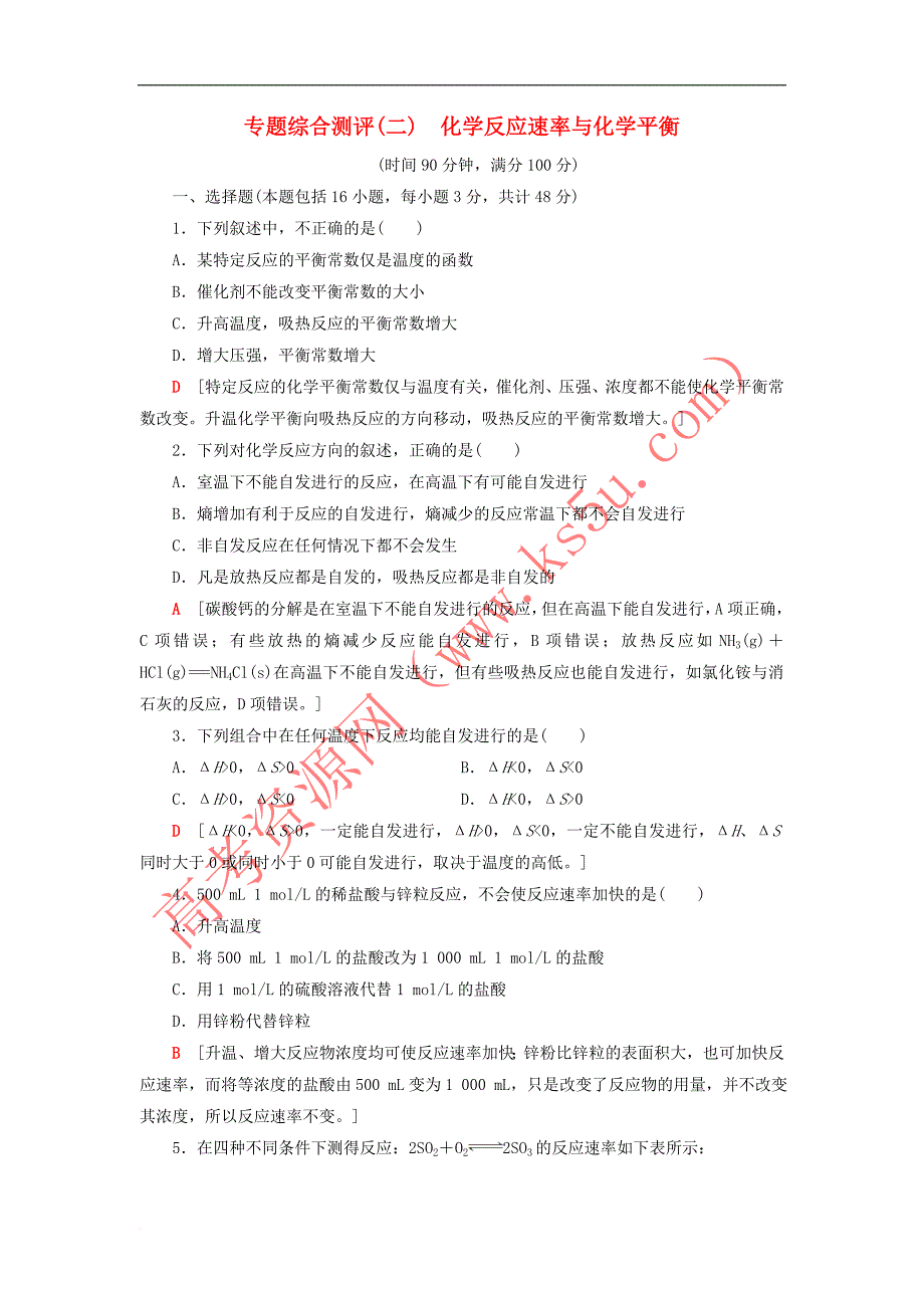 2018-2019学年高中化学 专题综合测评2 化学反应速率与化学平衡 苏教版选修4_第1页