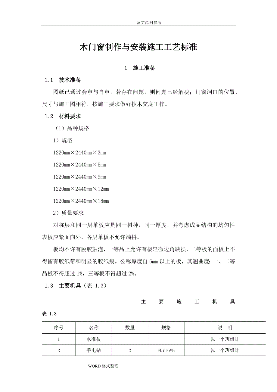 木门窗制作和安装施工工艺设计标准_第1页