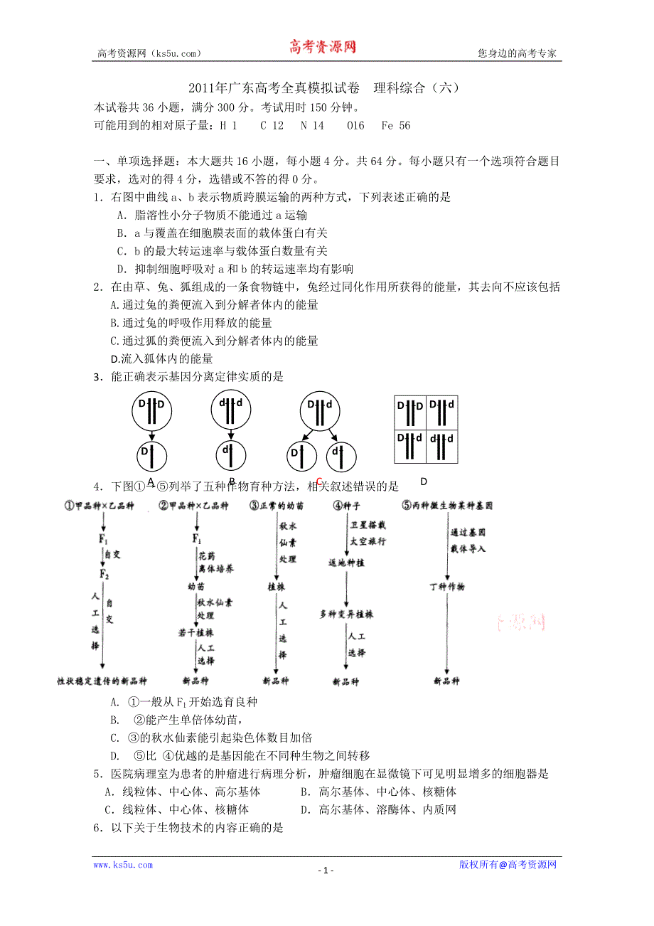 广东省2011届高三全真高考模拟试卷(六)(理综).doc_第1页