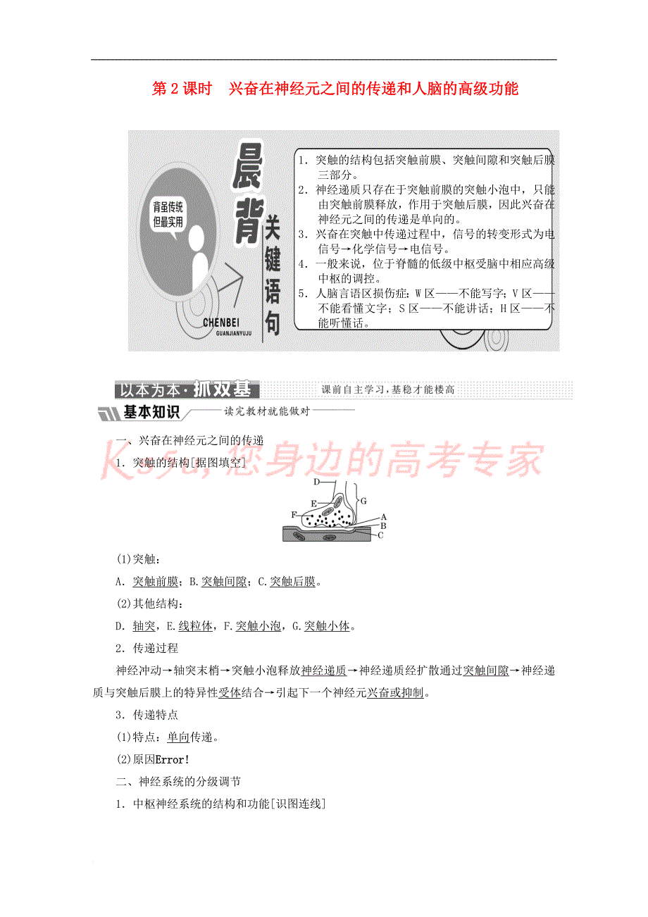 2018－2019学年高中生物 第2章 动物和人体生命活动的调节 第1节 通过神经系统的调节 第2课时 兴奋在神经元之间的传递和人脑的高级功能教学案（含解析）新人教版必修3_第1页