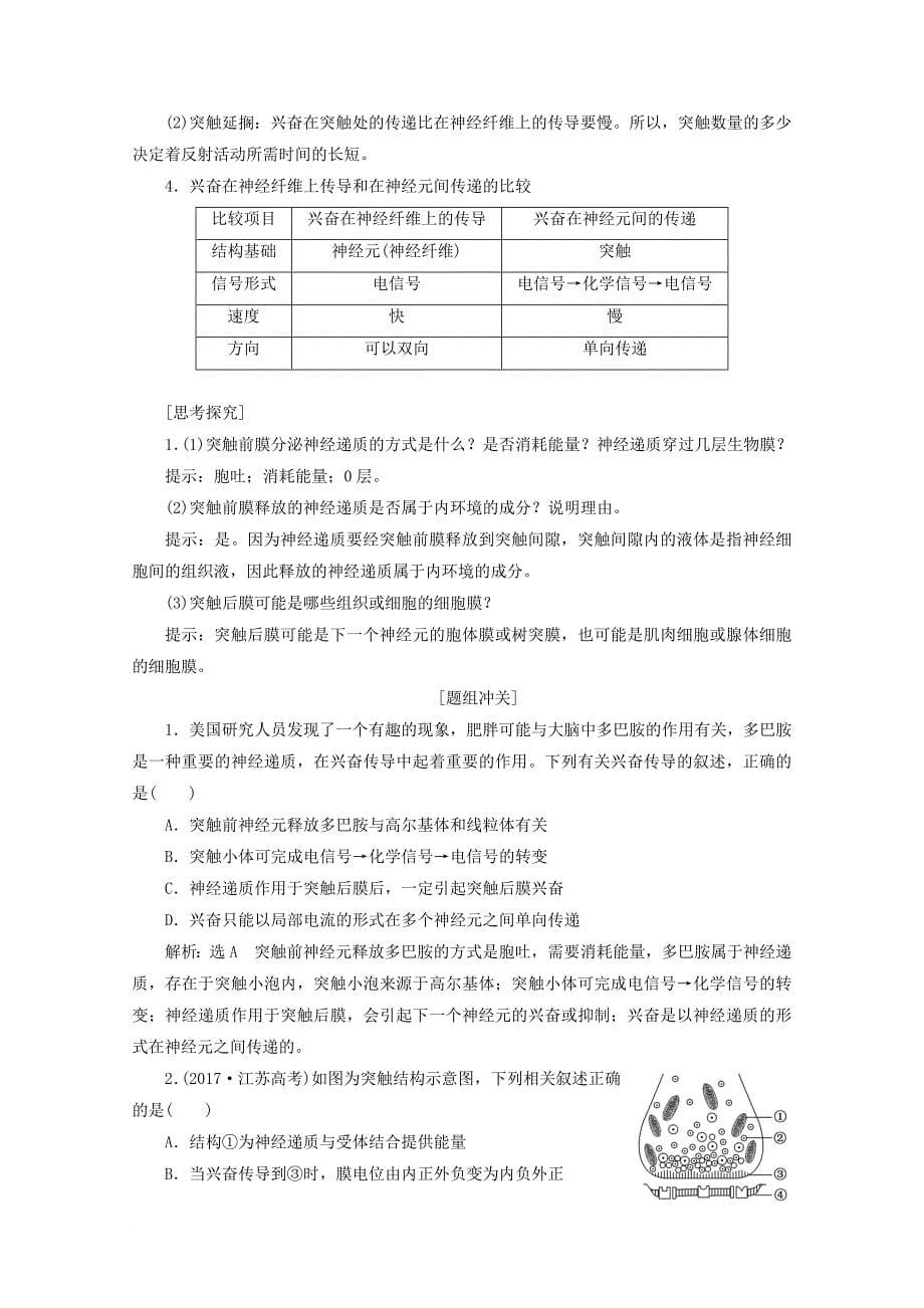 2018－2019学年高中生物 第2章 动物和人体生命活动的调节 第1节 通过神经系统的调节 第2课时 兴奋在神经元之间的传递和人脑的高级功能教学案（含解析）新人教版必修3_第5页