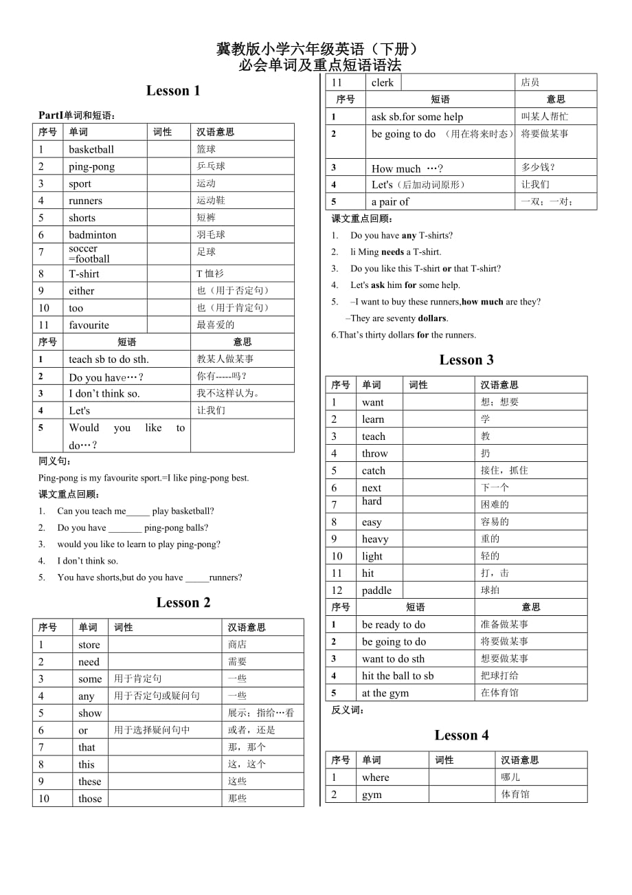 冀教版六年级下册英语重点词汇表_第1页