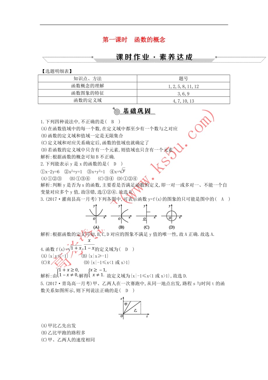 2018-2019学年高中数学 第一章 集合与函数概念 1.2.1 函数的概念 第一课时 函数的概念练习 新人教a版必修1_第1页