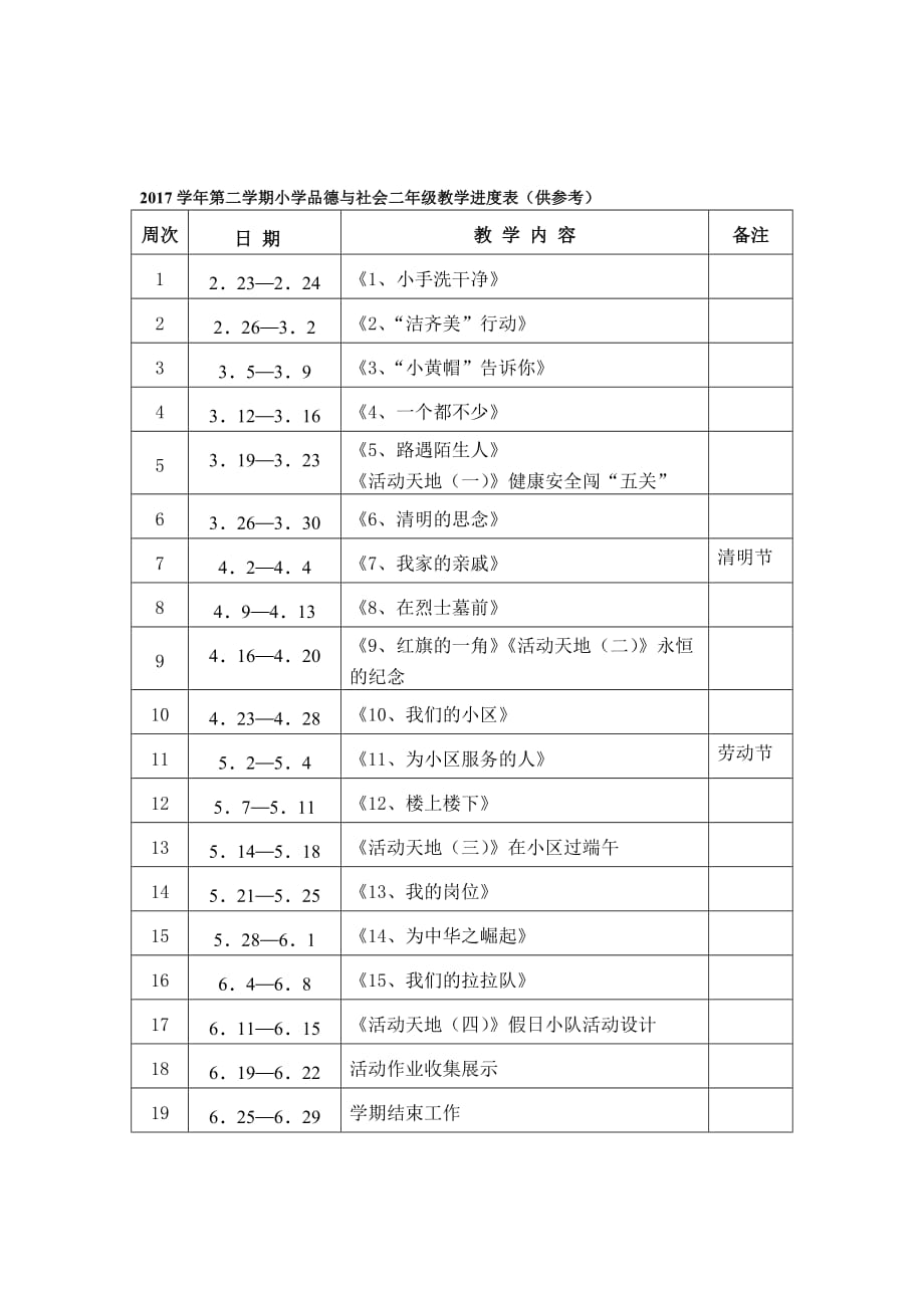 2017学年第二学期道法品社教学进度表(1)_第4页