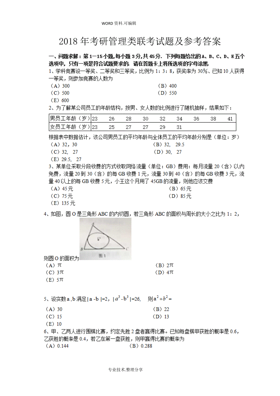 2018考研管理类联考试题和参考答案解析_第1页