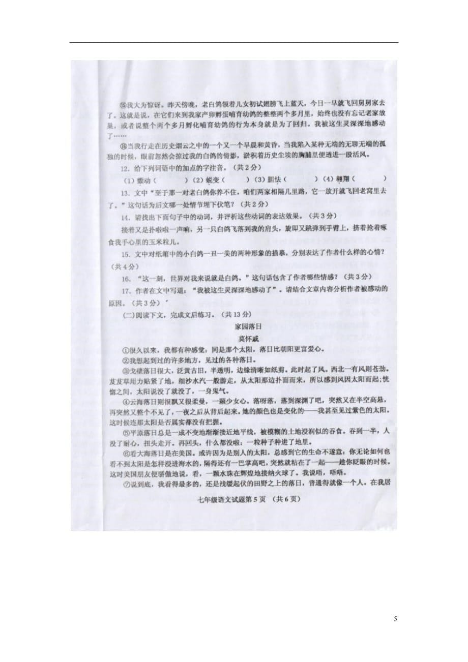 山东省胶州市2014-2015学年七年级语文下学期期末考试试题_第5页