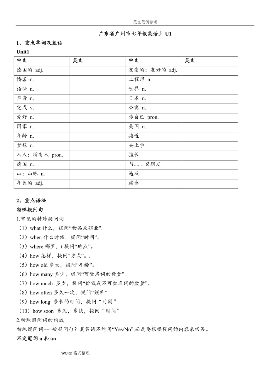 广州市初一年级英语牛津版(上册)Unit1复习_第1页
