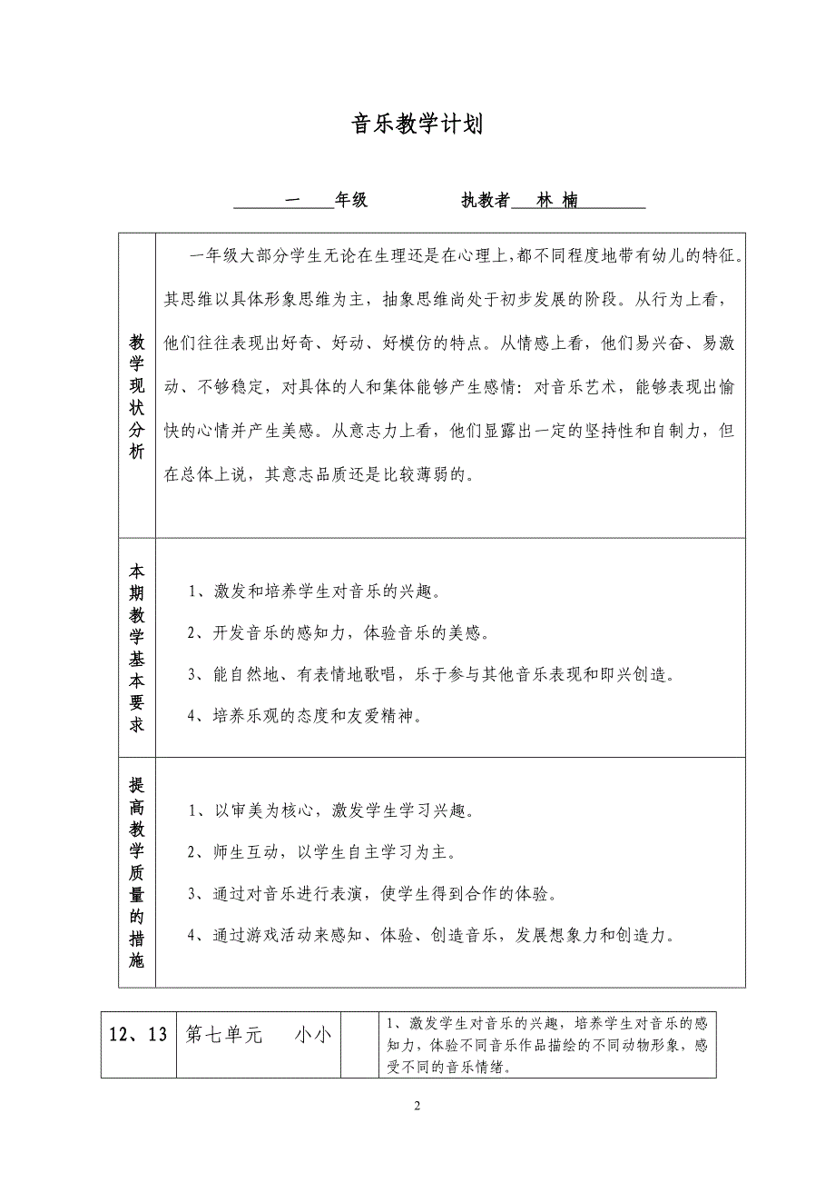 一年级上册音乐教案及学期教学计划、学情分析_第2页