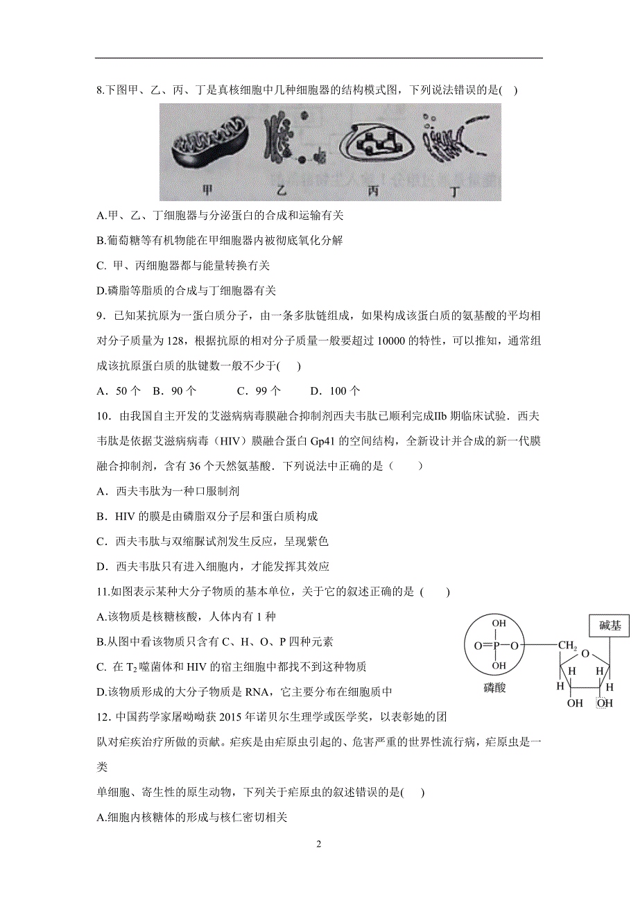 福建省永春县第一中学2018学年高三上学期期初考试生物试题（附答案）.doc_第2页