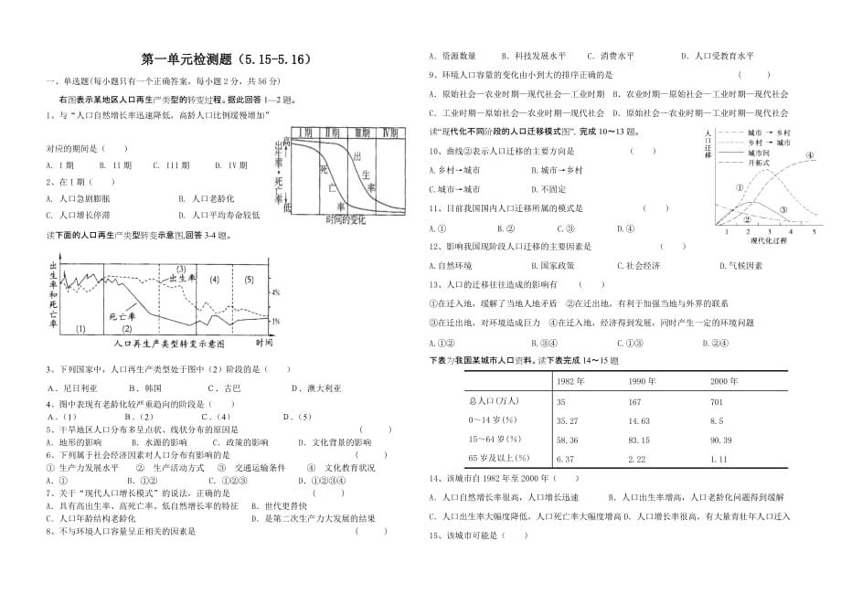 高一地理必修二第一单元检测题(5.15-5.16)_第1页