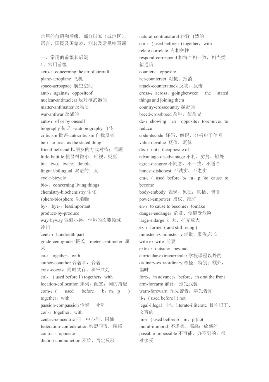 2015年考研英语大纲中常用的前缀和后缀,部分国家(或地区)、语言、国民及国籍表,洲名及常见缩写词_第1页