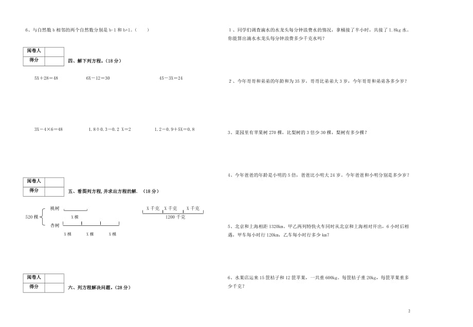 2015--2016学年五年级数学上册五单元测试题5_第2页